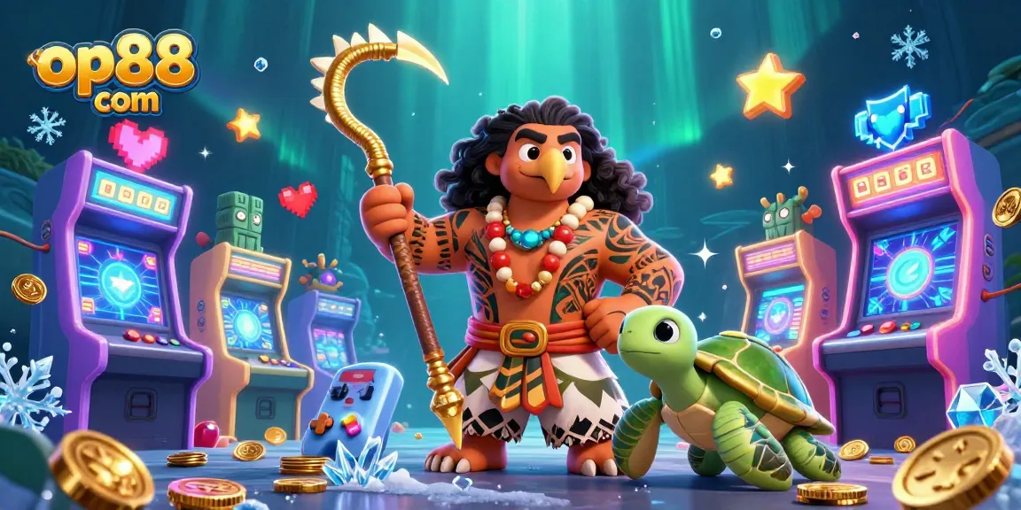 Join the thrill of gaming with op88 com as a Polynesian demigod and turtle navigate a vibrant casino world.