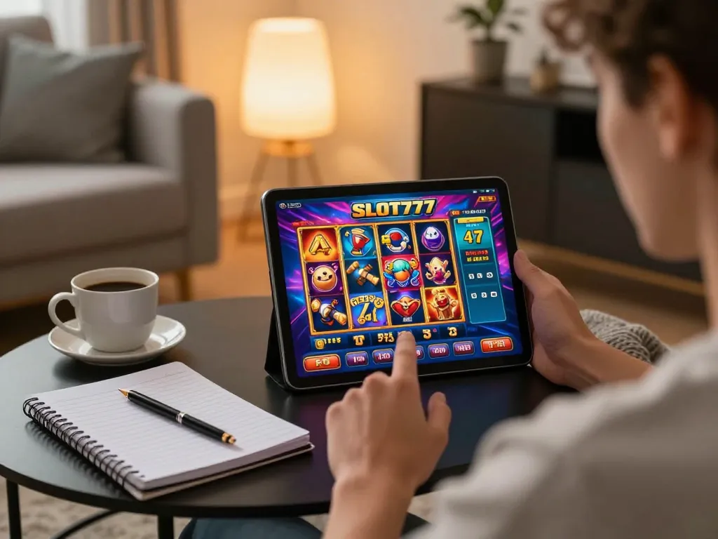 SLOT777 gameplay displayed on a tablet in a cozy home setting, emphasizing online casino excitement and strategy.