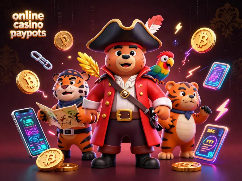 Engage with the online casino best payouts featuring a pirate bear, tiger, and golden parrot amidst vibrant crypto elements.