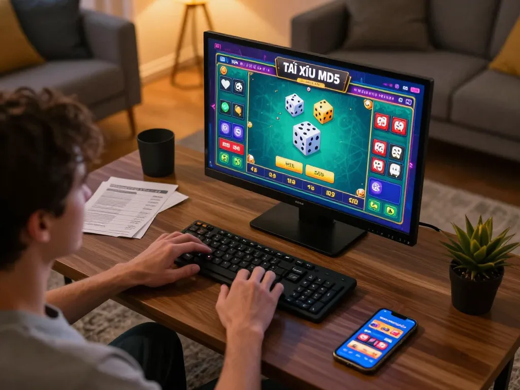 Tài xỉu md5 online gameplay in a cozy home setting, showing player engaged and strategic.