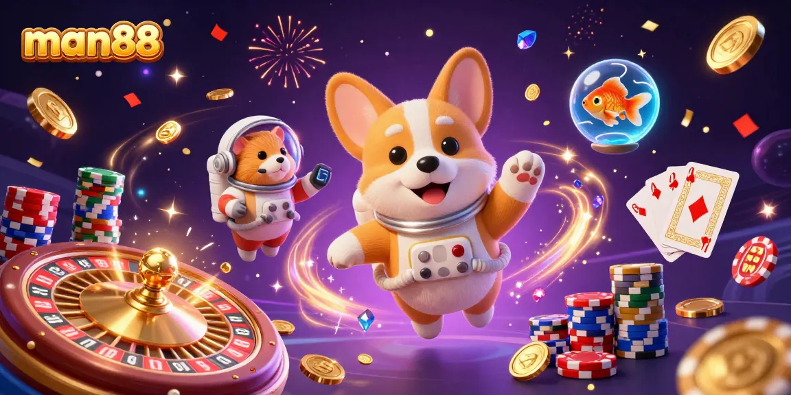 Experience man88's vibrant space casino adventure with an astronaut corgi, poker chips, and golden coins!