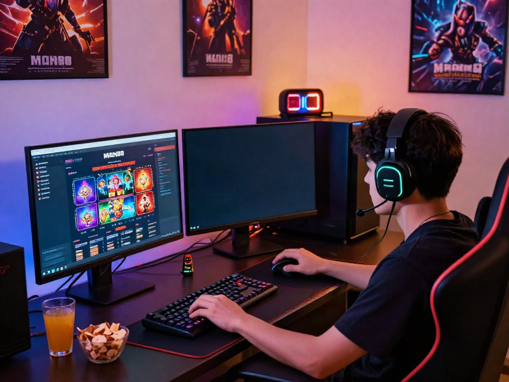Engaged player using https://man88pro.com/ in a vibrant home gaming setup with multiple monitors.