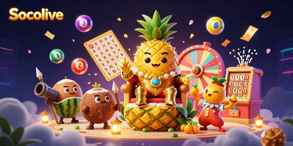 Socolive showcases a vibrant casino scene with a golden pineapple king, dynamic lottery elements, and exciting gaming vibes.