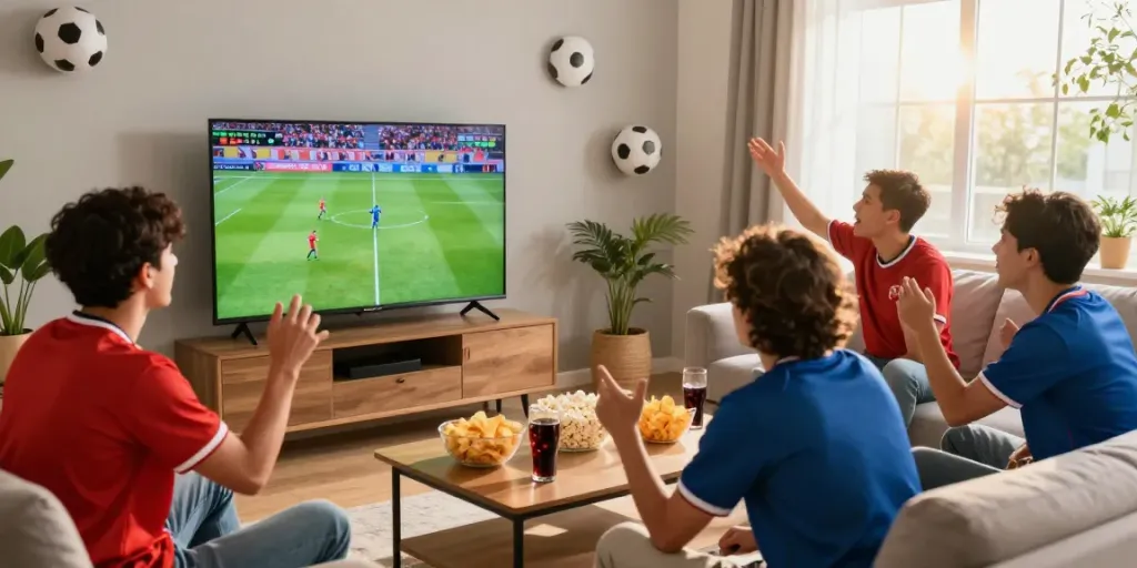 Excited fans at home enjoying a live football match from https://socolive8.media/ with snacks and team jerseys.