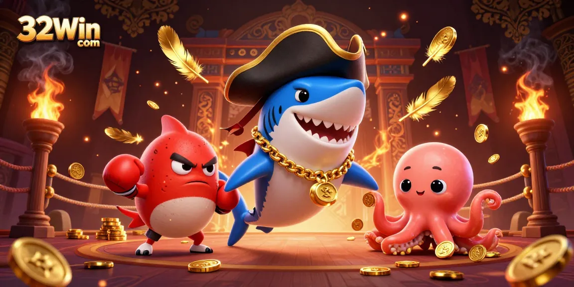 Engage in fun with 32Win com as the pirate shark discovers treasures in a vibrant casino-scene.