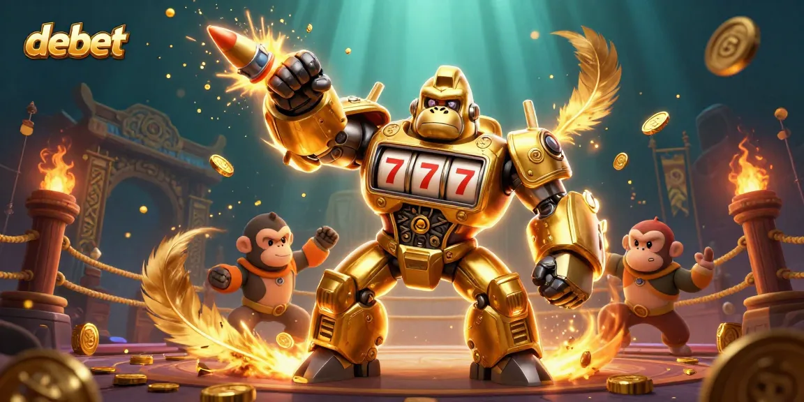 Engage with debet's dynamic casino scene featuring a golden gorilla mech and exciting game elements.