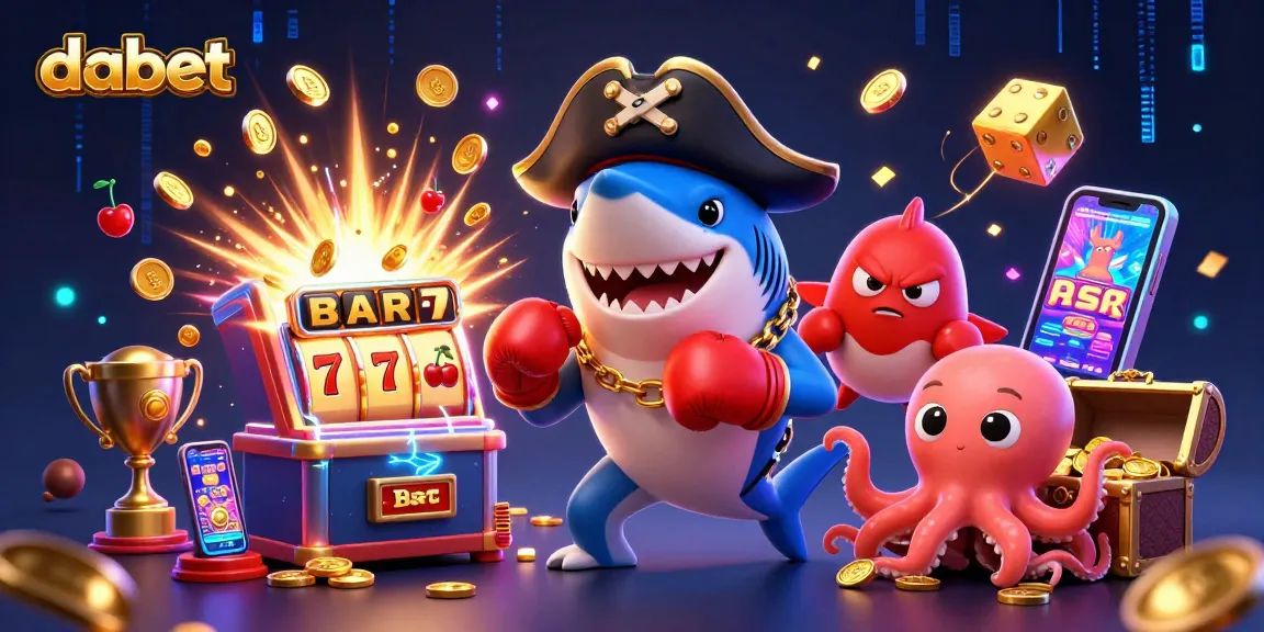 Dabet gaming scene featuring casino characters celebrating with gold coins during an exhilarating jackpot.