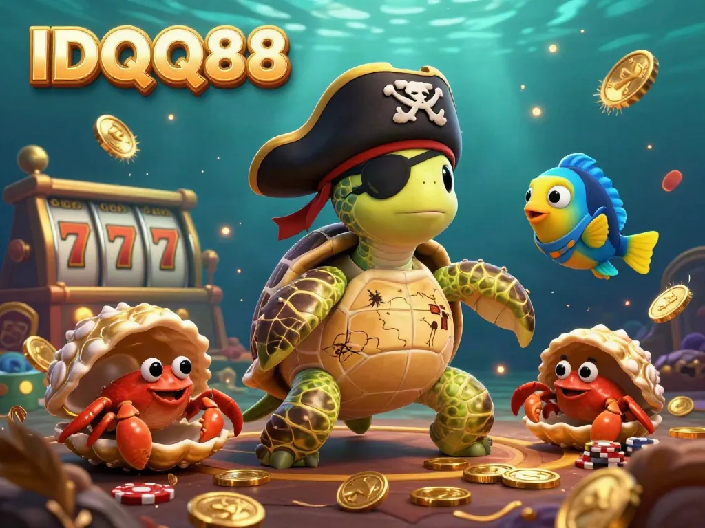Betting with IDQQ88: A 3D cartoon scene showing a pirate turtle, hermit crab, and parrotfish amidst casino elements.