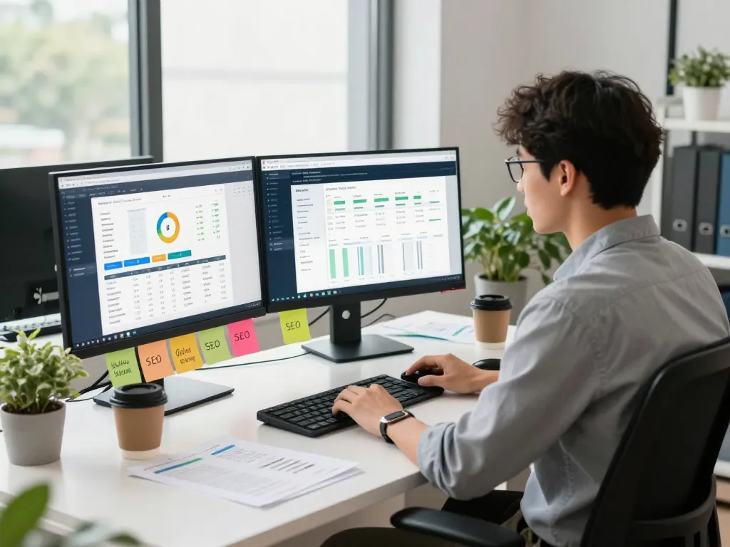 Expert working with group buy SEO tools in a modern office