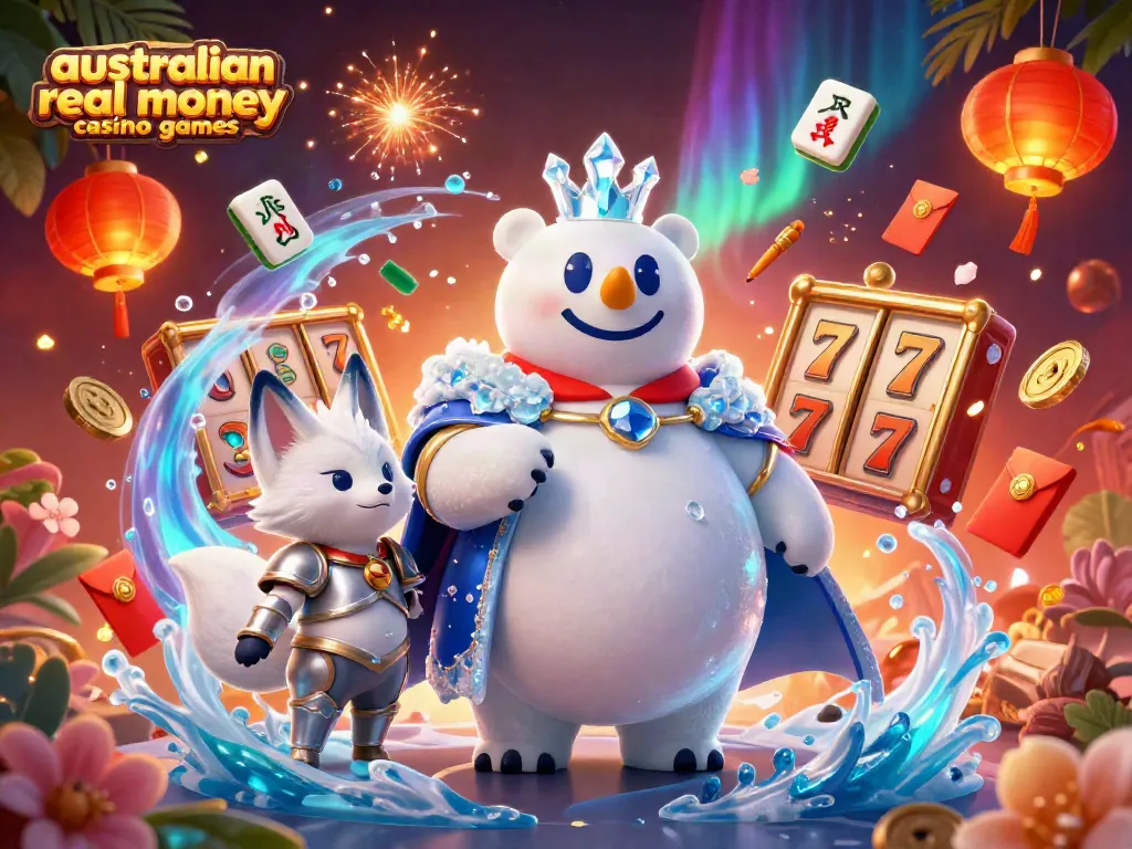 Engage in exciting australian real money casino games with colorful slot reels and dynamic characters.