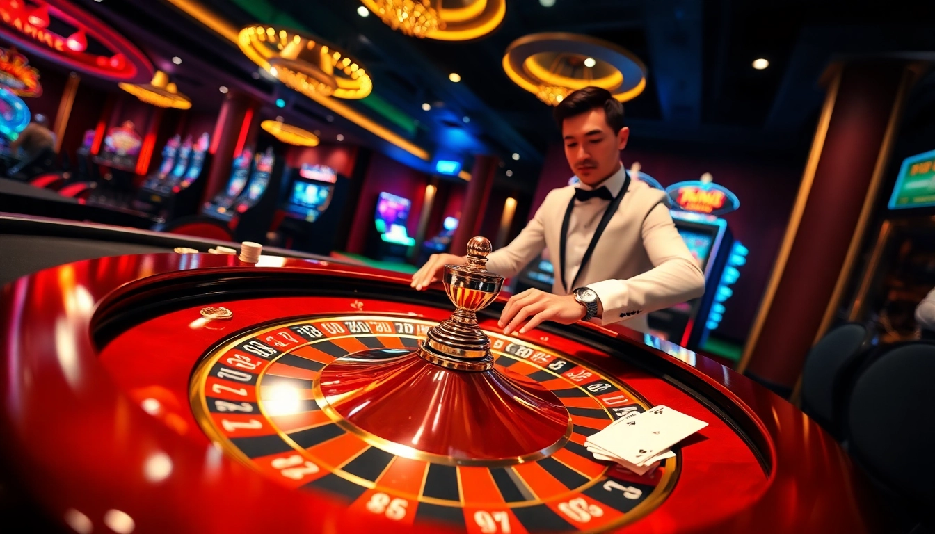 Experienced gamblers enjoying an exciting game at the HM88 casino with vibrant roulette and slot machines.