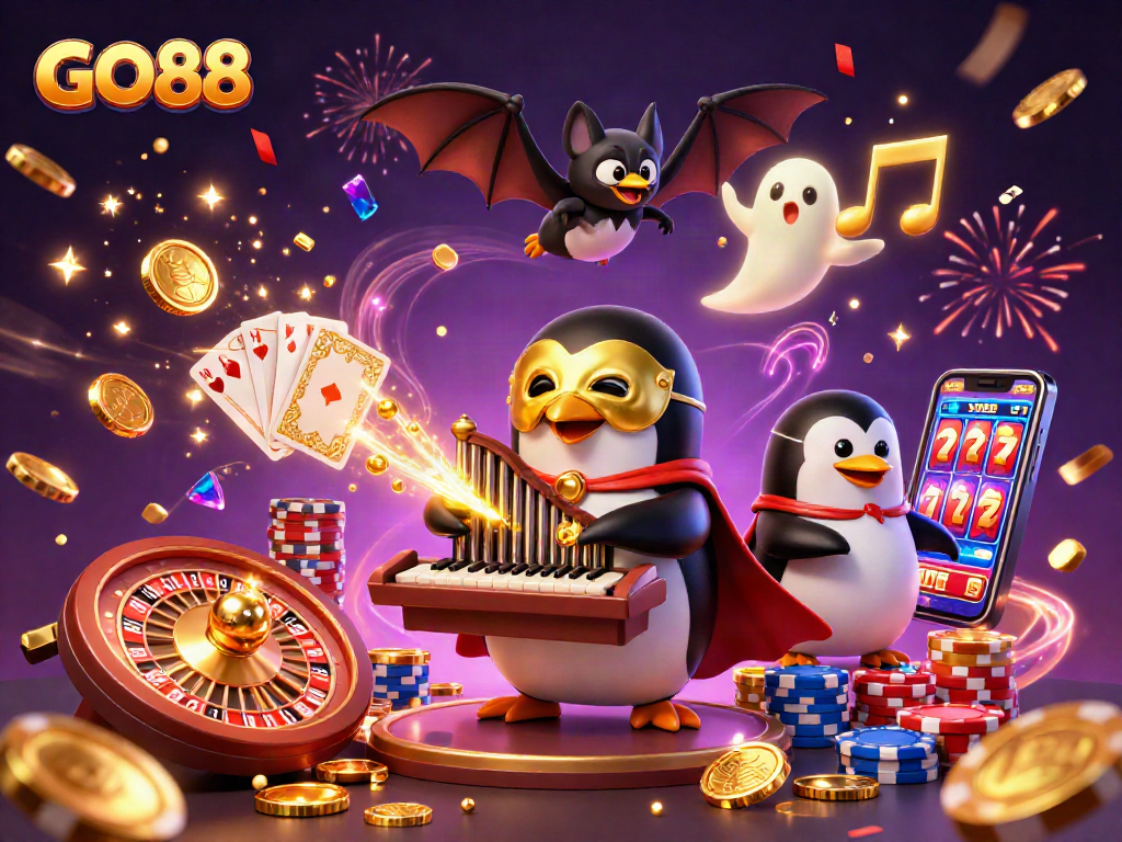 Experience thrilling gameplay with GO88 in an enchanting 3D casino scene filled with golden coins and festive elements.