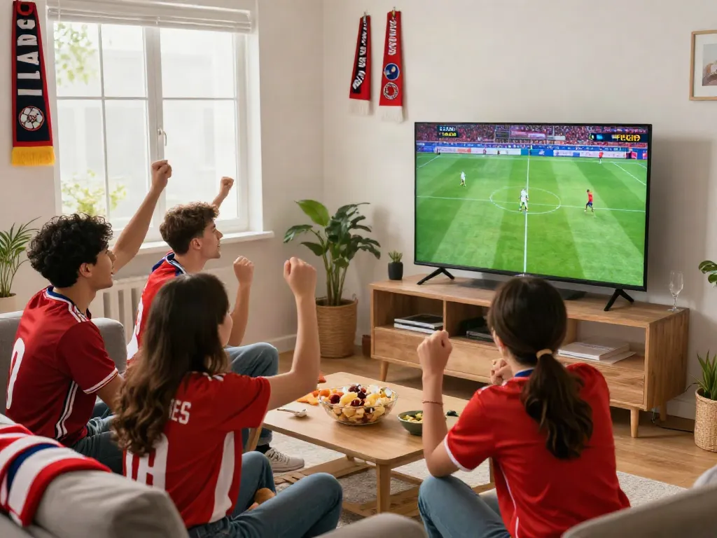 Live sports viewing experience at home via https://xoilactvlive.net/ with Full HD soccer match and cheering fans.