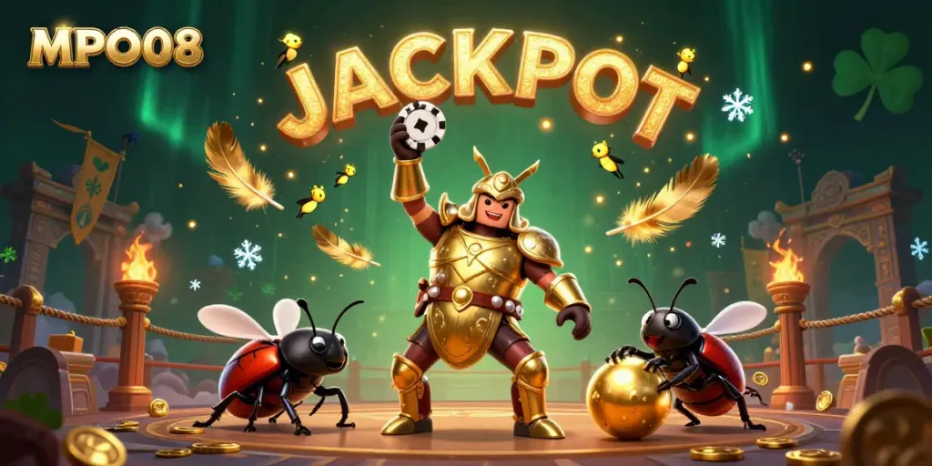 MPO08 champions unite as the hercules beetle triumphs at the casino, lifting a victory poker chip.