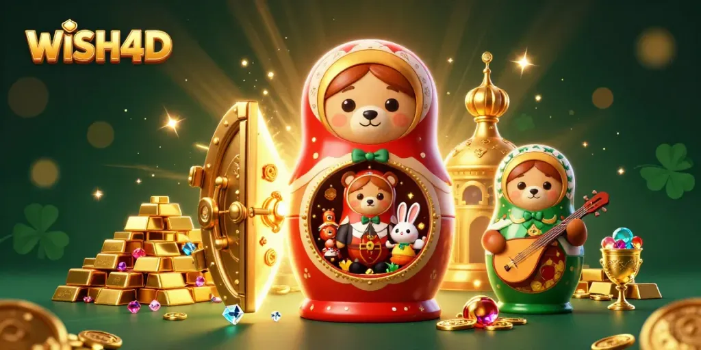 Engage in thrilling casino adventures with WISH4D, showcasing vibrant 3D cartoon characters and treasure elements.