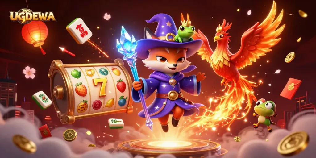 Experience the thrill of winning with UGDEWA in this vibrant casino-inspired illustration showcasing dynamic slot reels and magical elements.