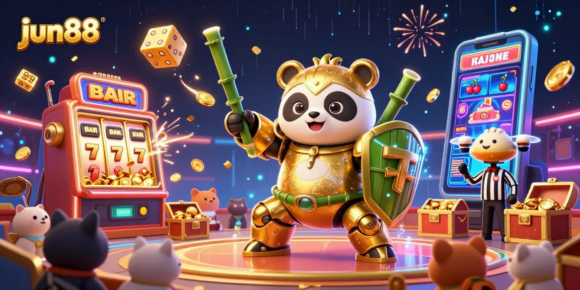 Experience the excitement of jun88 with a vibrant digital casino scene featuring dynamic gaming elements and colorful festivities.