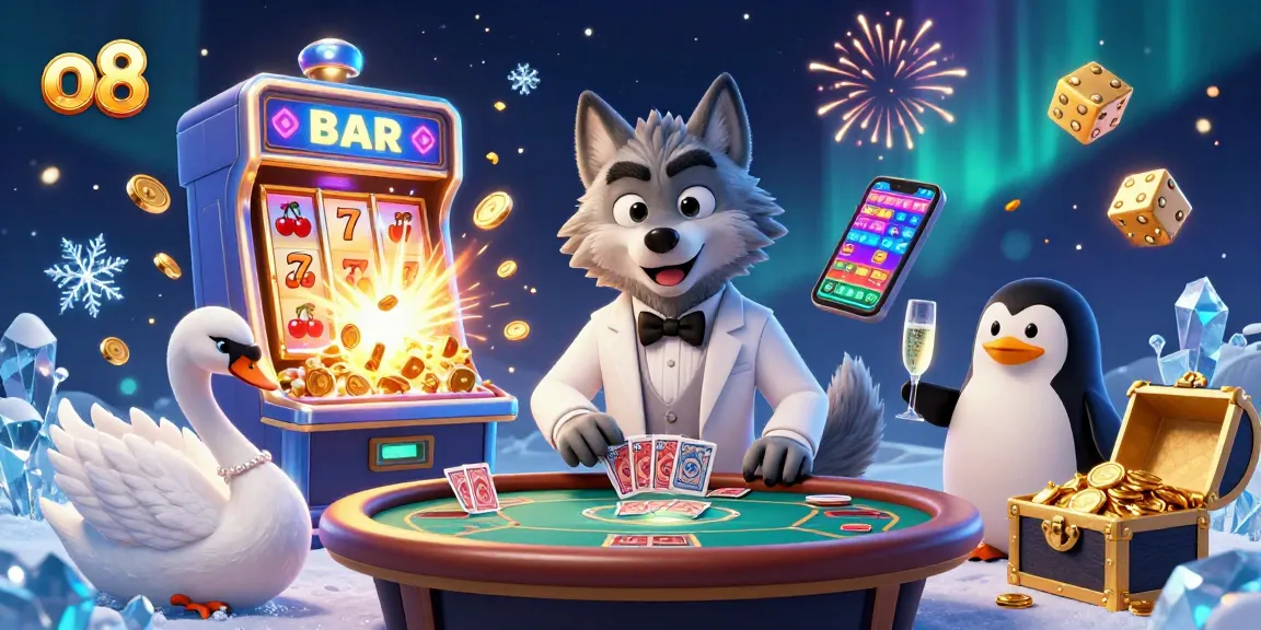 Experience o8's dynamic casino action with a charming wolf, elegant swan, and penguin sommelier.