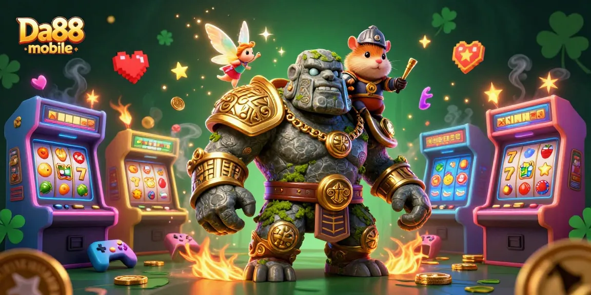 Engage with the excitement of Da88 mobile with an animated golem, fairy, and hamster knight in a vibrant casino scene.