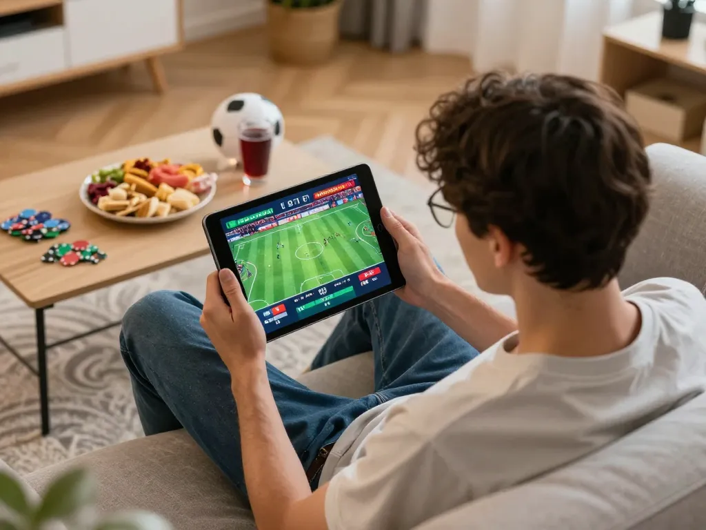 Person engaged in sports betting on a tablet at home, showcasing the excitement of kp88220 gaming experience.