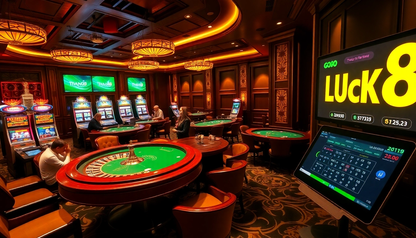 Engaging players at TRANG CHỦ LUCK8 with vibrant casino tables and exciting slot machines.