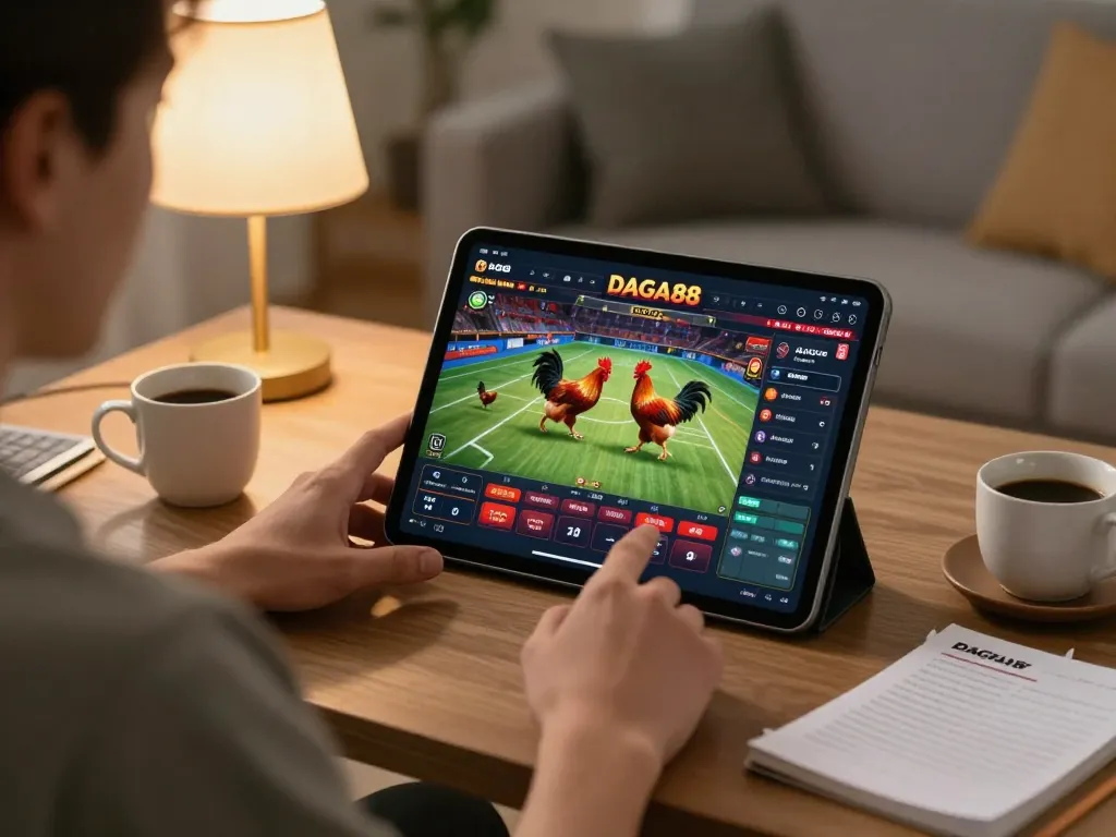 Engaging moment on https://daga88.free/ app with live chicken fighting match displayed, cozy gaming setup.