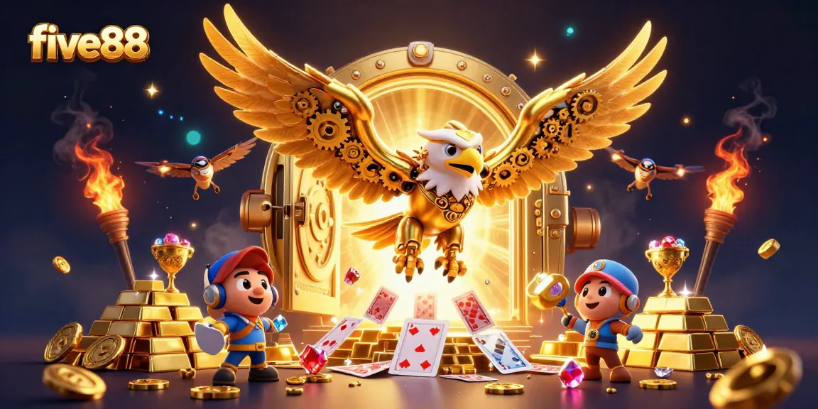 Engage with five88's thrilling atmosphere, showcasing a golden eagle diving through holographic cards, symbolizing exciting casino adventures.