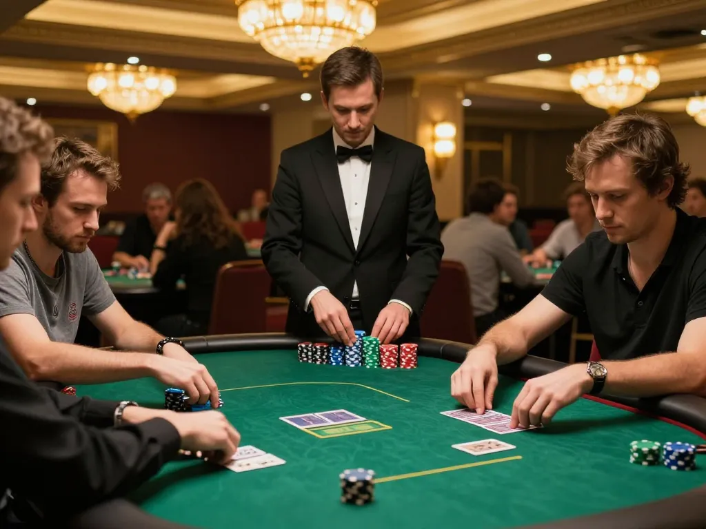 ROKOK88 poker players strategizing their next moves at an elegant casino table.