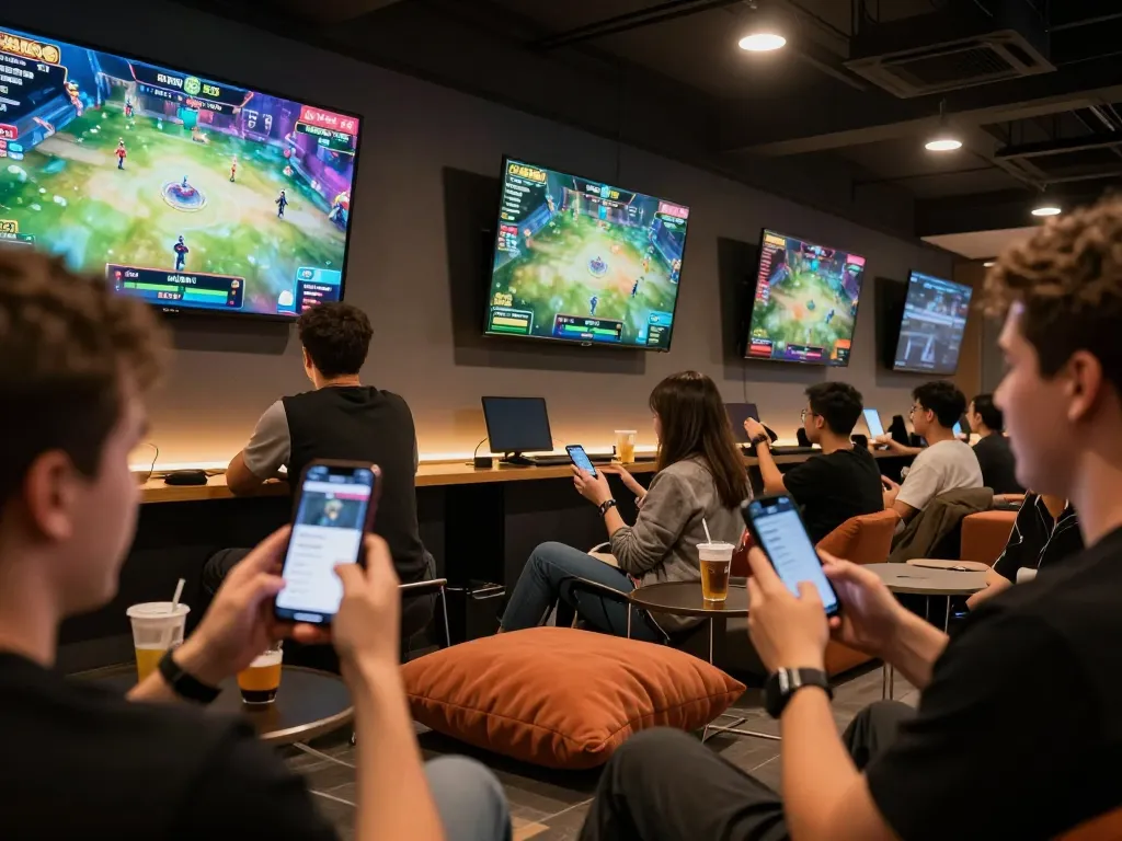 Players engage in esports betting with 88betcom while enjoying a lively gaming lounge atmosphere.