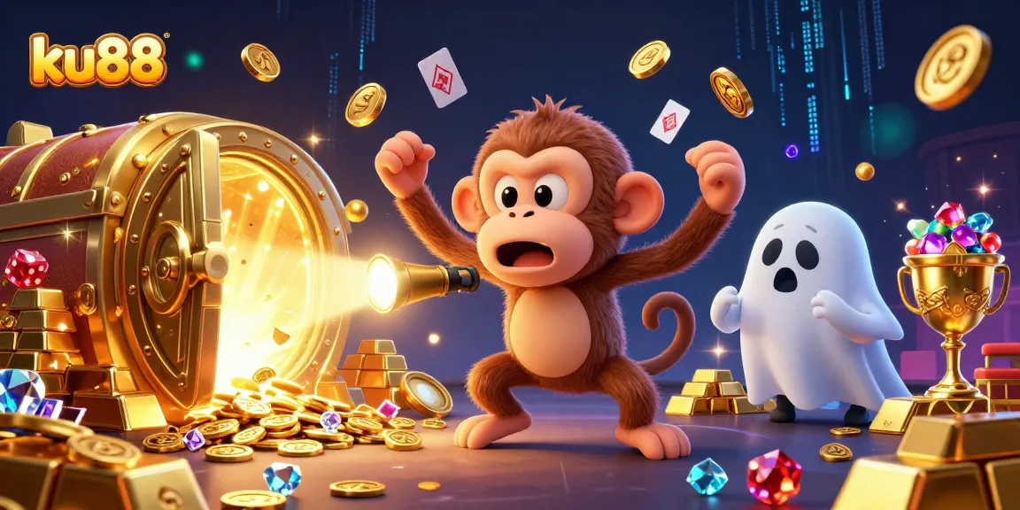 Engage with the enchanting world of ku88 as golden treasures and playful ghostly characters fill the scene.
