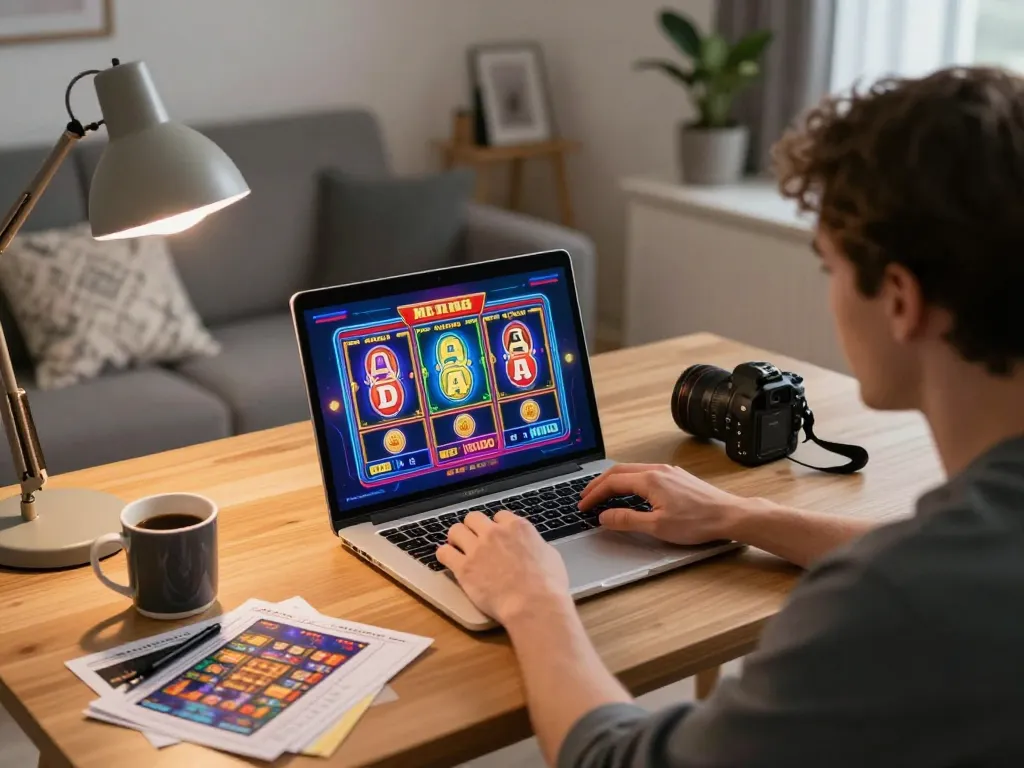 Engaged player enjoying tr88s online slots during cozy home gaming session