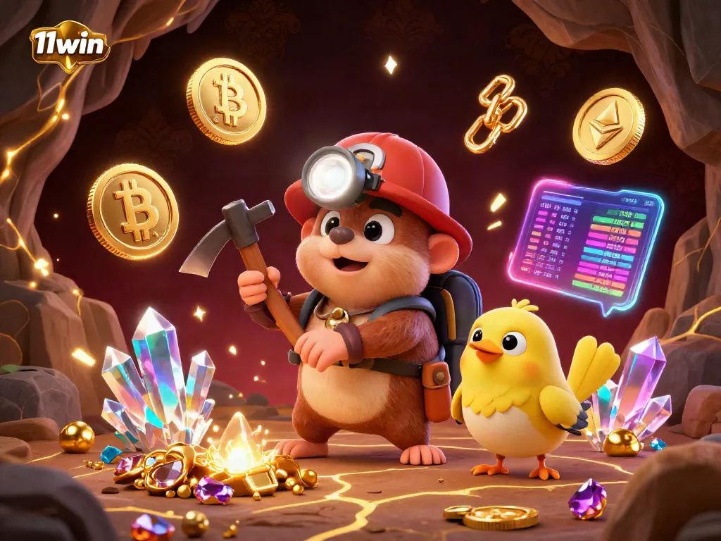 Experience thrilling wins at 11win featuring a treasure hunter mole amidst digital riches and glowing crypto coins.