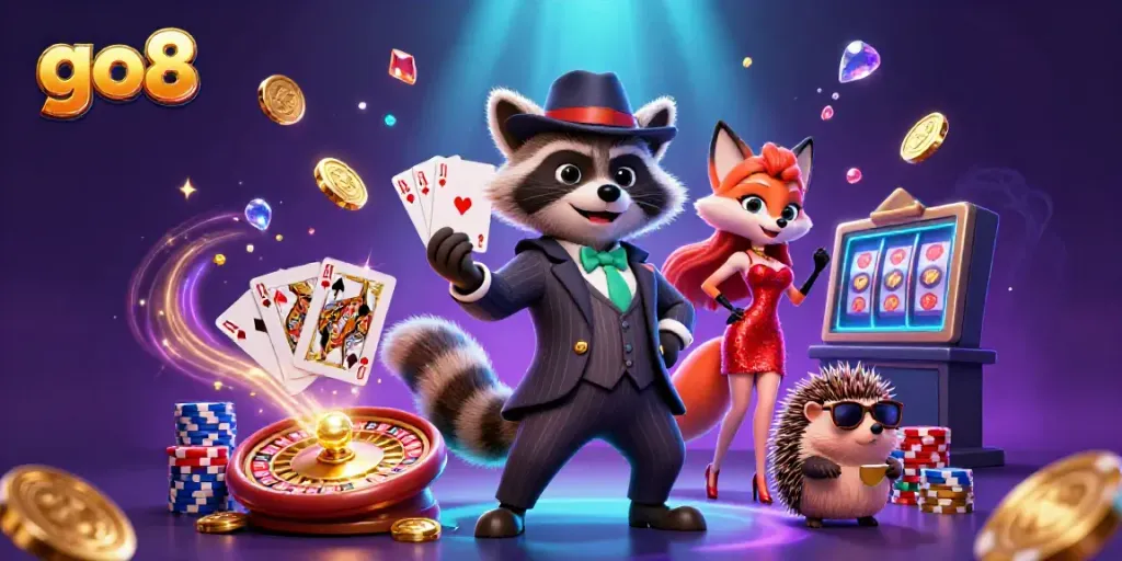Experience exciting wins at go8 with a charming raccoon, fox, and hedgehog in a vibrant casino scene.