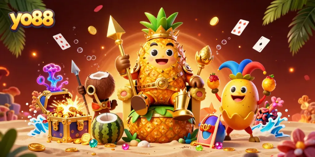 Experience excitement with yo88 at a vibrant casino beach scene featuring a golden pineapple king.
