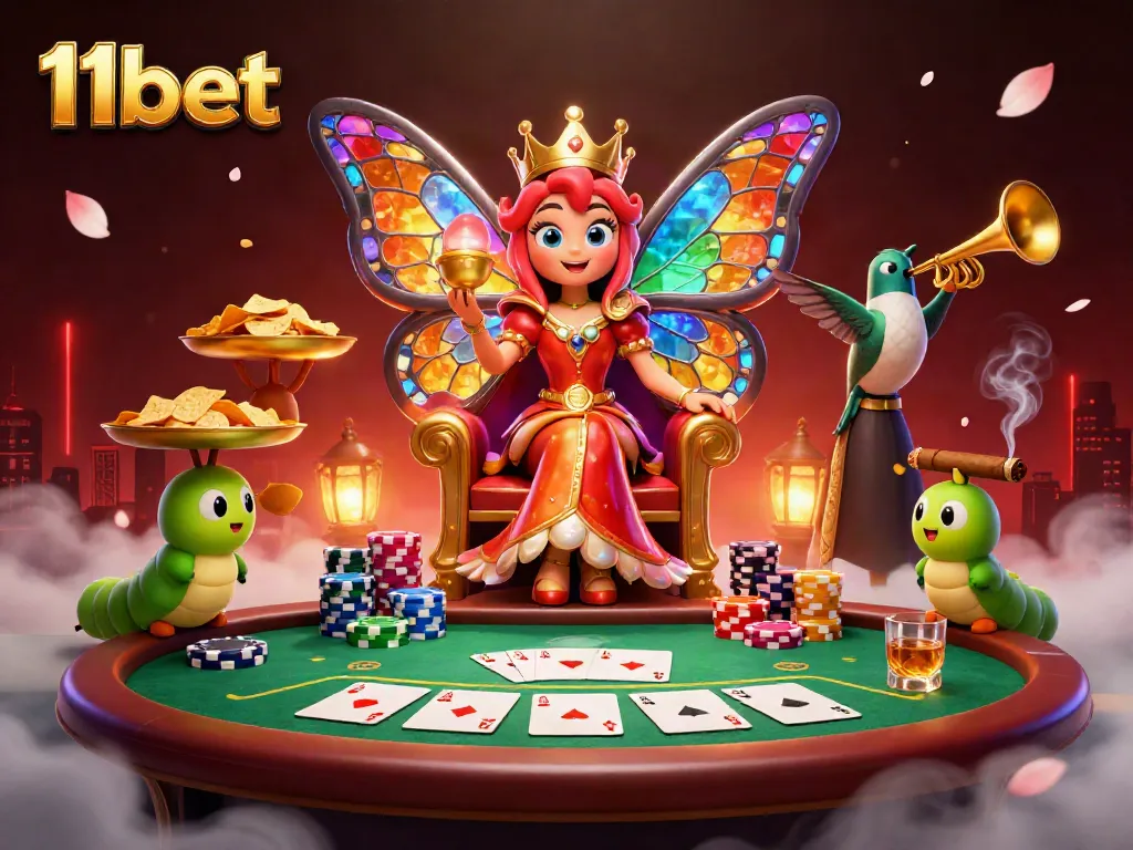 Experience the excitement of 11bet with a vibrant 3D casino scene featuring a butterfly queen, poker elements, and glowing ambiance.
