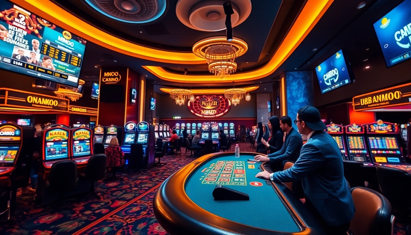 MMOO online casino ambiance with players engaging in various games, showcasing excitement and luxury.