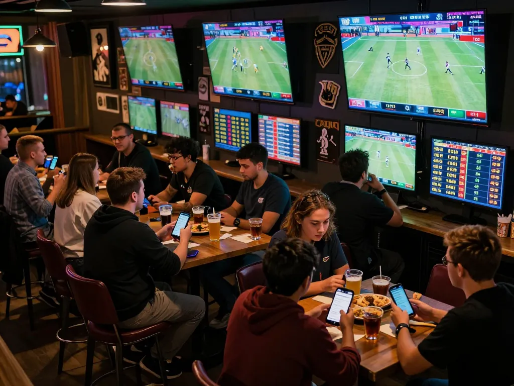 Fun88 players engaging in live sports betting at a vibrant sports bar, showcasing excitement and strategy.