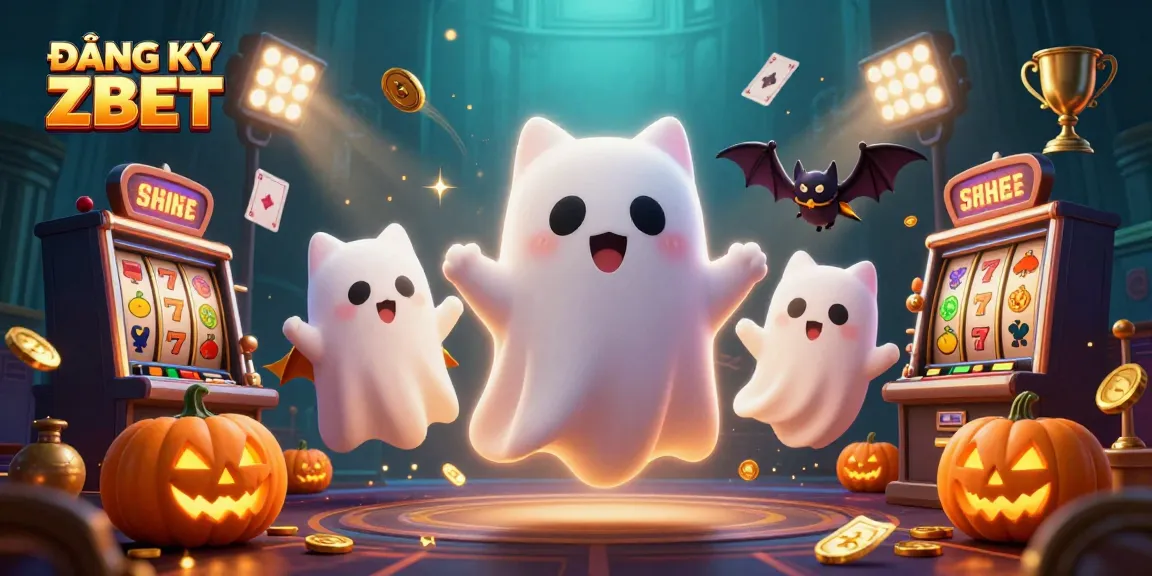 Engage with ĐĂNG KÝ ZBET at vibrant online casinos showing a playful ghost cat and spooky elements.
