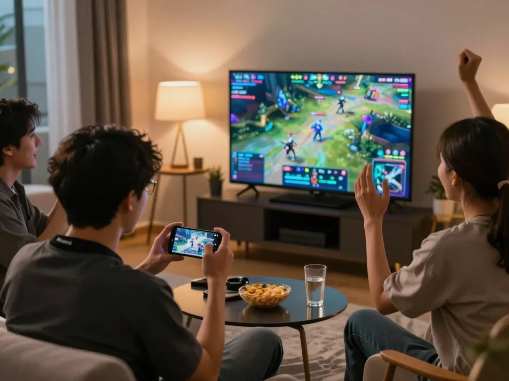 Engaging in esports betting singapore while watching a live match with friends, showcasing competitive fun.