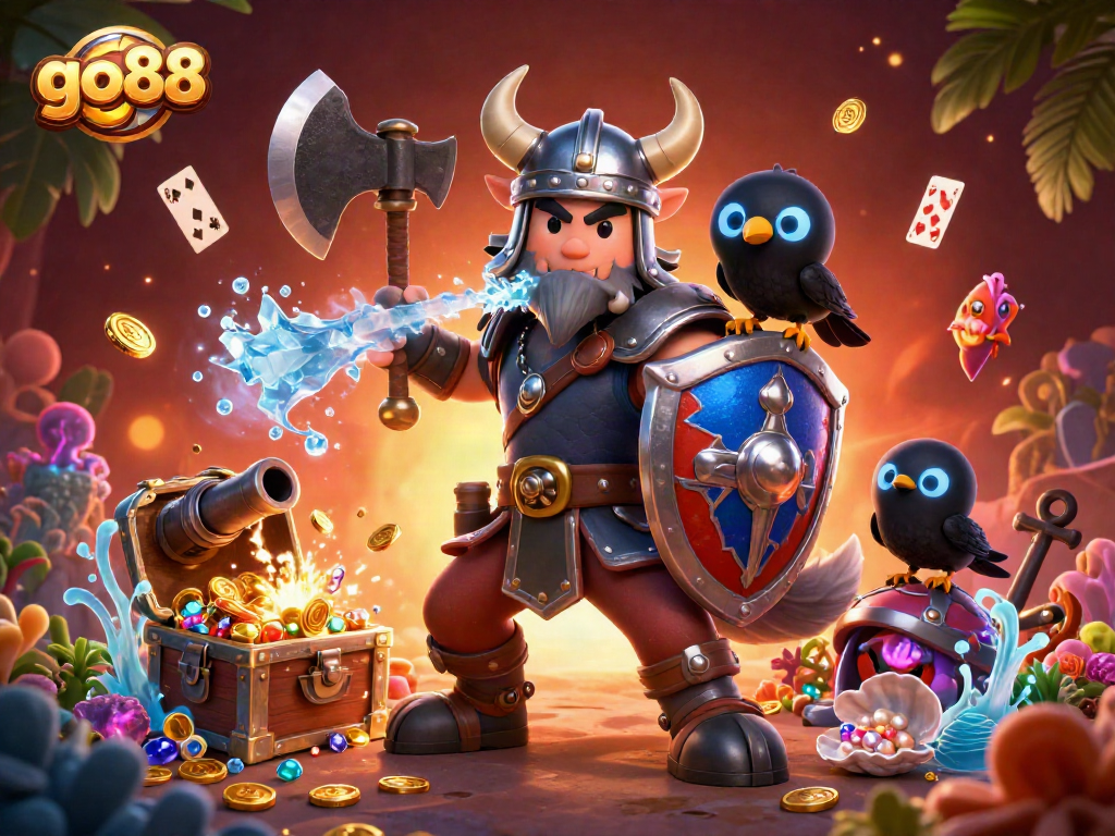 Experience the excitement of go88 with a Viking warrior and dragon amidst vibrant treasure in this casino-themed artwork.