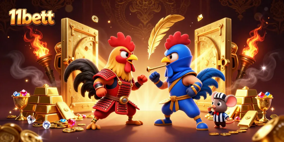 Engage with thrilling 11bett gambling action in a colorful rooster showdown illustration.