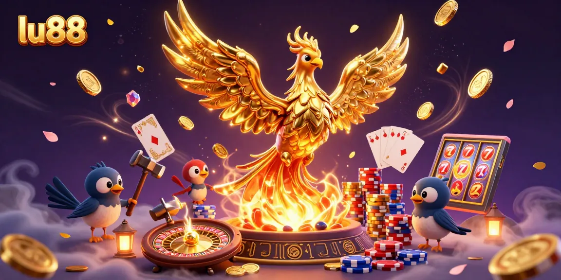 Experience exciting gameplay at lu88 with a phoenix and golden coins in a 3D casino scene.