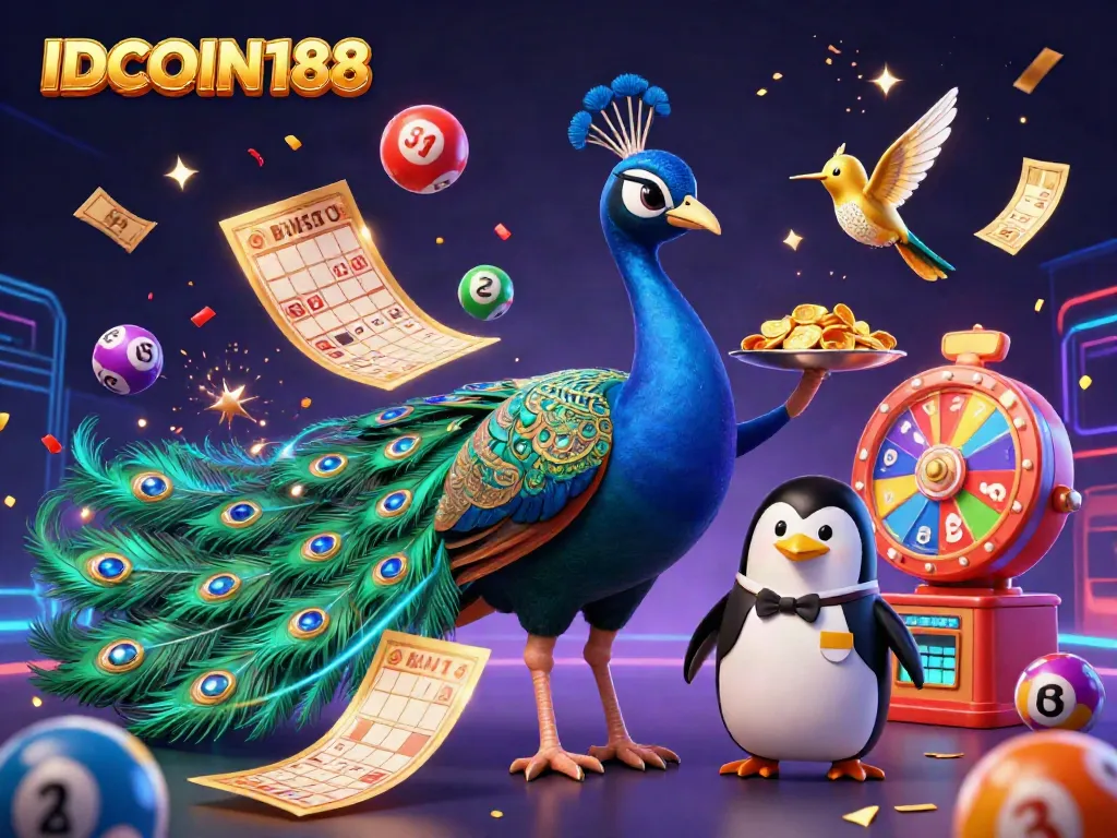IDCOIN188's vibrant casino experience features a peacock and penguin amidst colorful gaming elements.