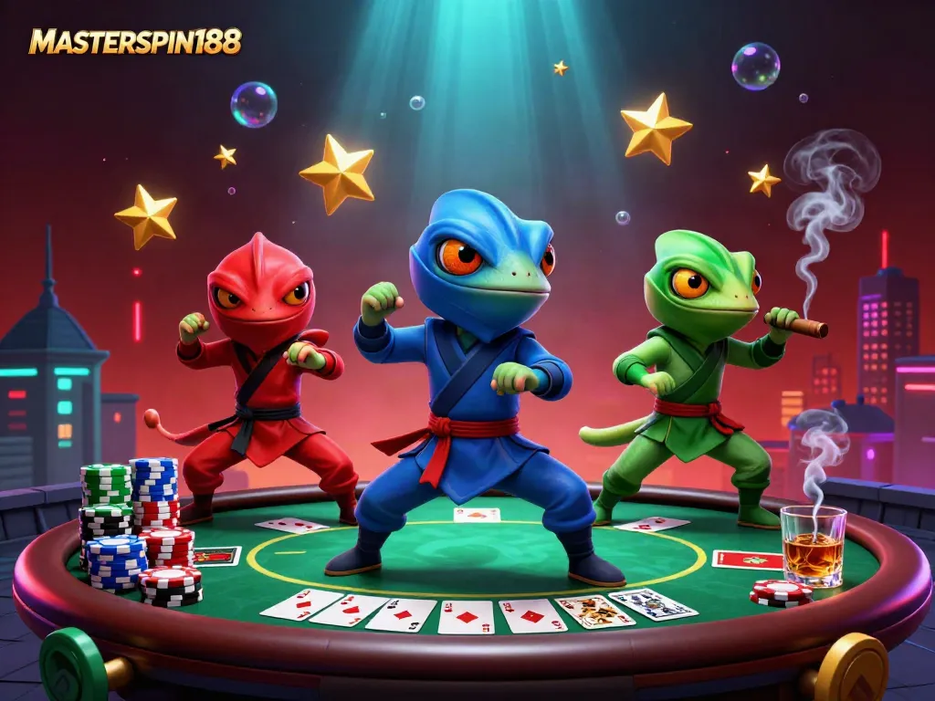 Experience excitement at MASTERSPIN188 with vibrant chameleons battling amidst poker elements.