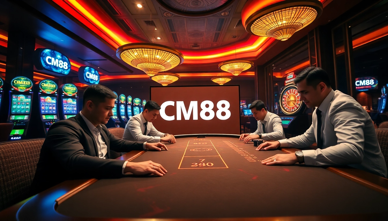 Excited gamblers playing in a luxurious casino setting featuring the CM88 brand.