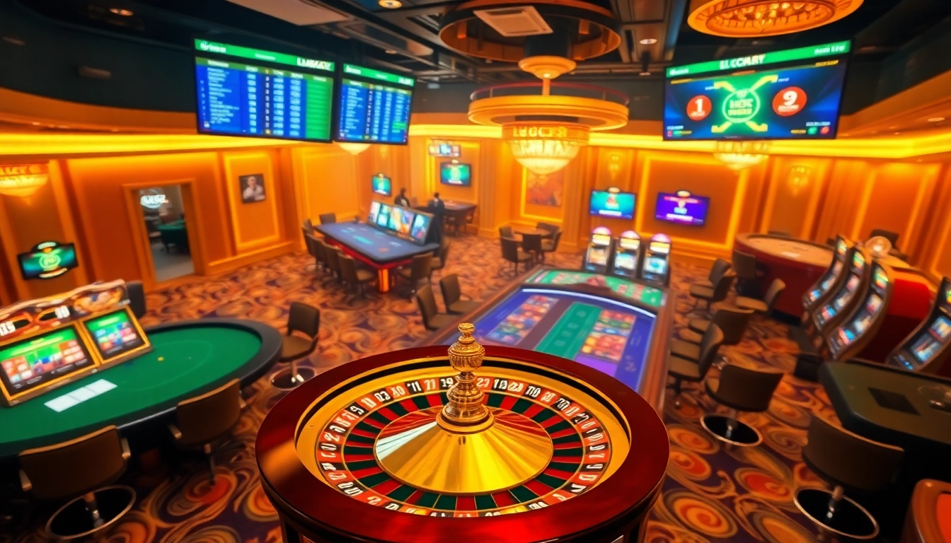 Players enjoying thrilling games at LUCK8 casino, with vibrant slot machines and poker tables.