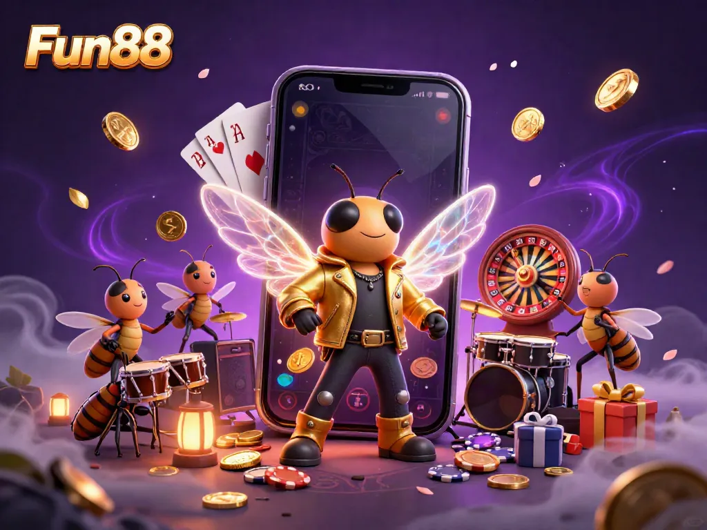 Experience Fun88 excitement with a 3D rock star cicada in a vibrant casino scene, spinning slots and golden coins.