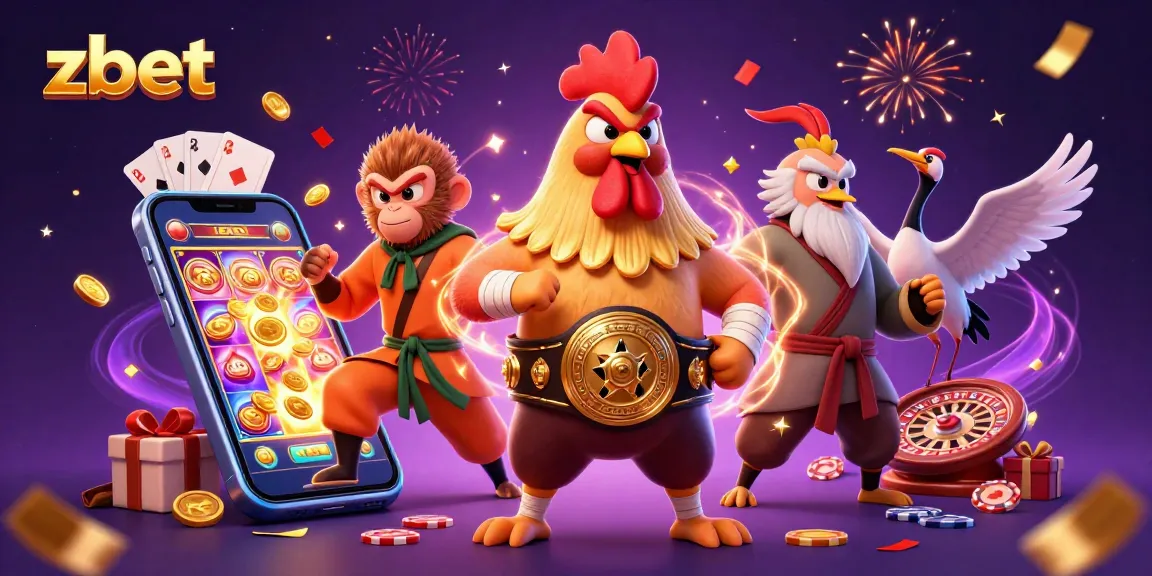 Zbet brand illustration showcasing a festive casino scene with animated characters and vibrant gambling elements.
