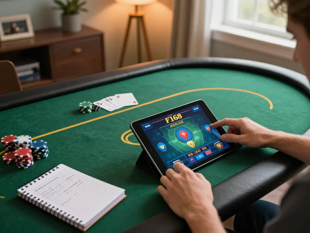 Player engaging with F168 on a tablet, showcasing online casino gaming experience.