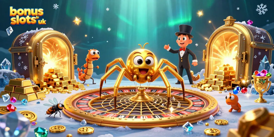 Engage with bonus buy slots uk in this vibrant 3D casino illustration featuring a golden spider and dynamic gaming elements.